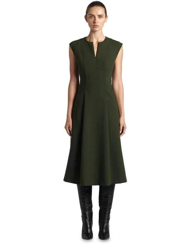 Double Weave A-Line Midi Dress in Dark Olive
