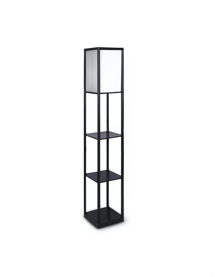 Etagere Floor Lamp Shelves Black Frame Tapered Linen Brown Fabric Shade Stand