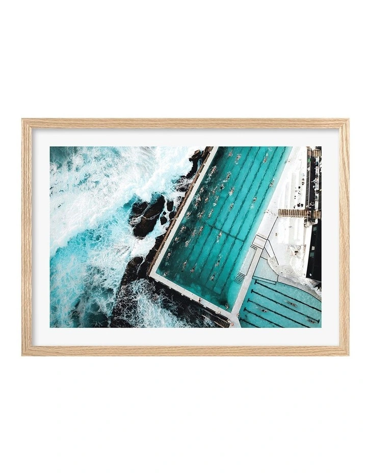 Australian Made Bondi Icebergs Doing Laps Art Print A2 in Natural Frame