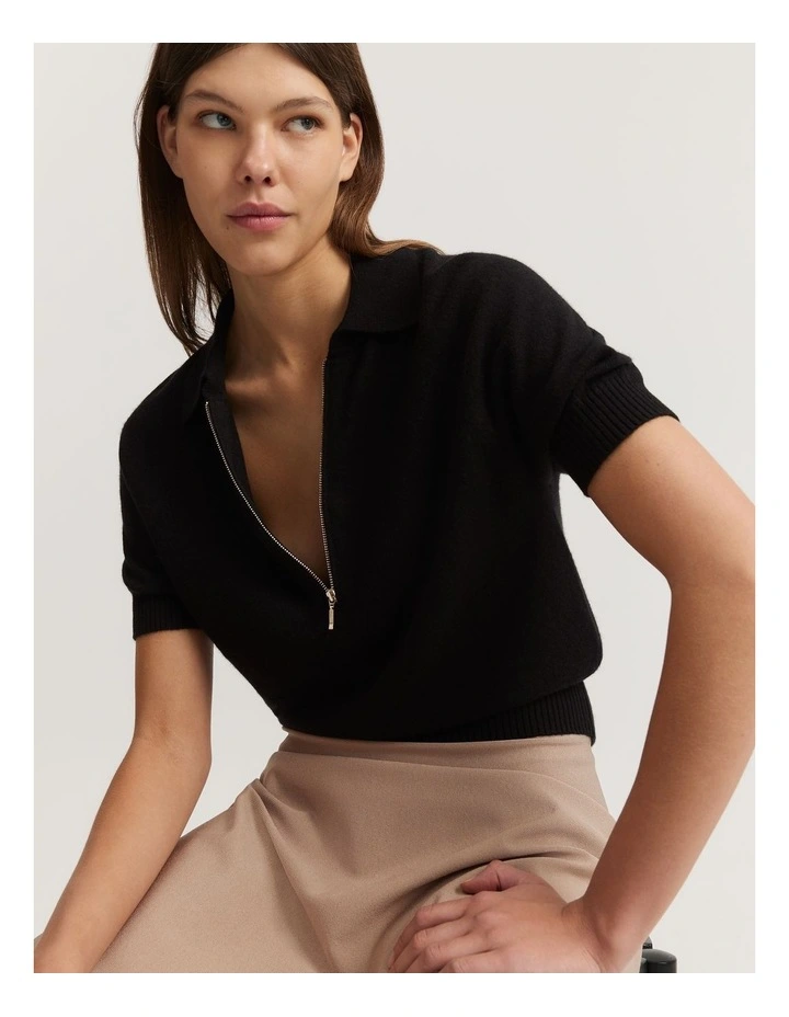 Gcs-certified Cashmere Blend Zip-through Knit Polo in Black