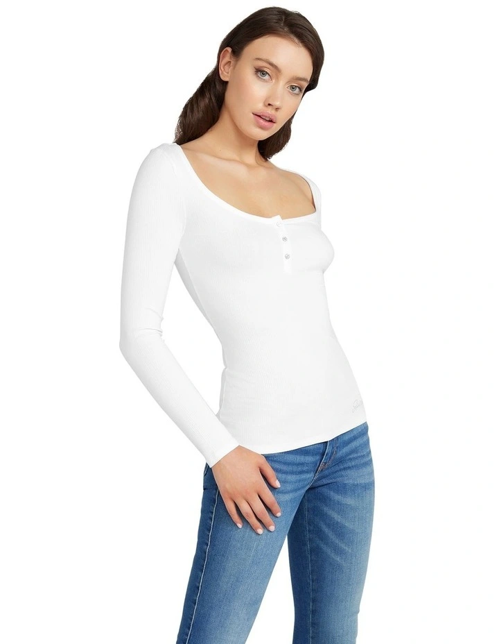 Long Sleeve Karlee Jewell Button Henley Top in White