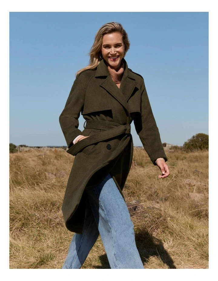 Double Breasted Tie Front Heavy Coat in Khaki