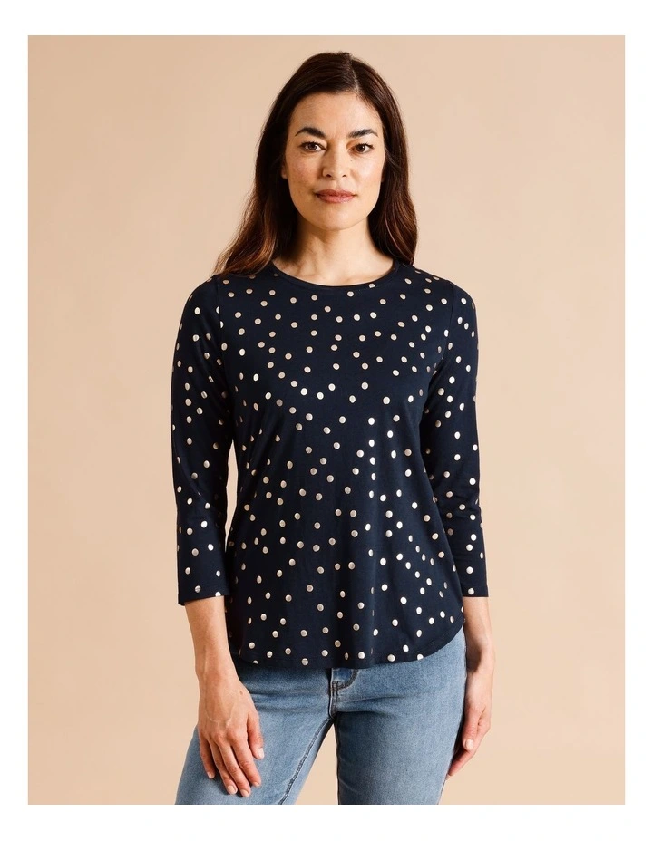 Organic Cotton Wardrobe Staple 3/4 Sleeve Tee in Navy With Gold Spot Foil