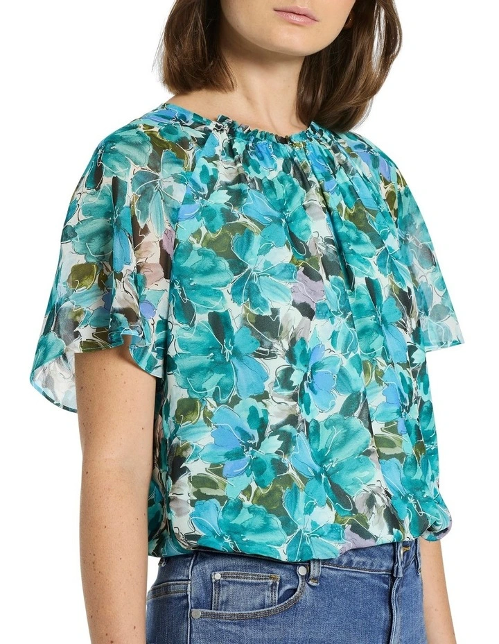 Lucia Silk Blouse in Teal Multi