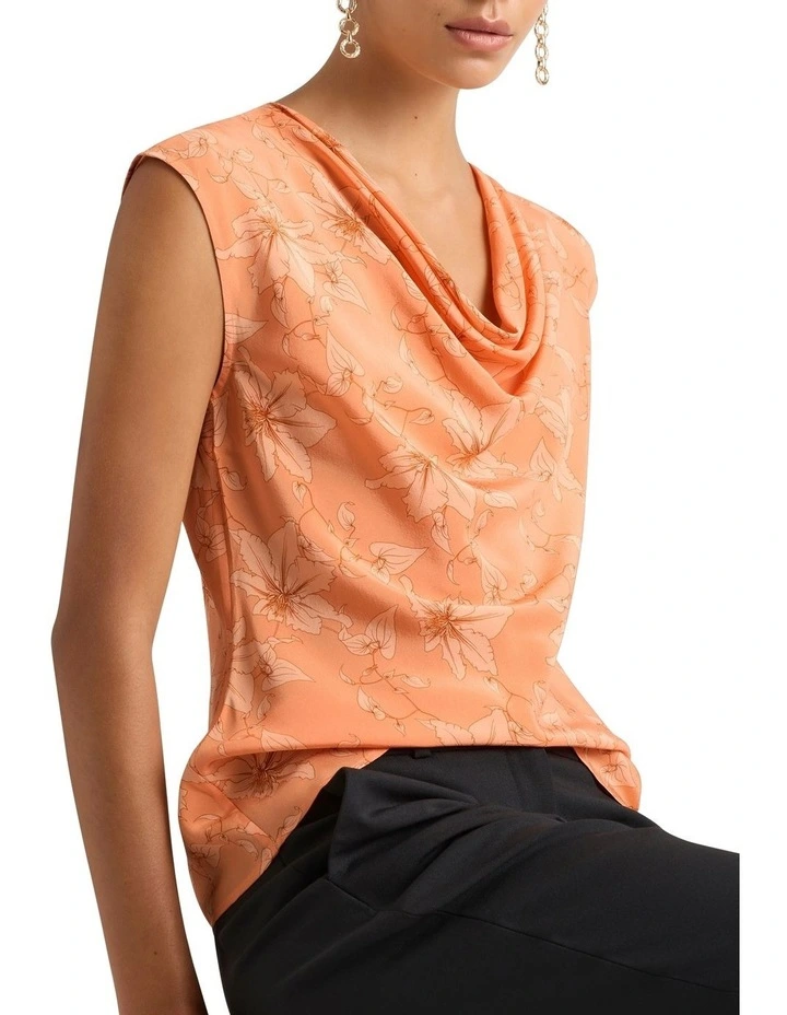 Zane Cowl Neck Silk Top in Salmon Multi