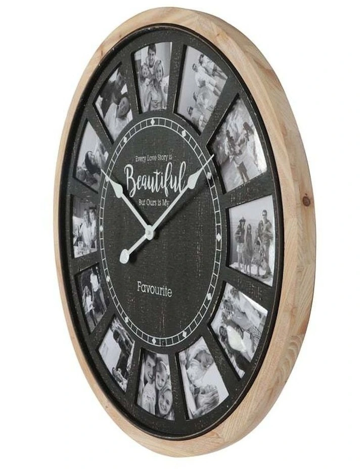 Photo Gallery Collage Digital Wall Clock 70cm in Distressed Black/Natural