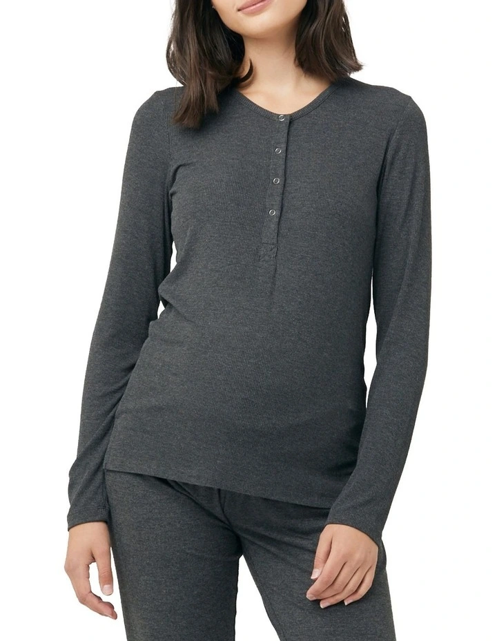 Rib Button Through Top in Charcoal Marle