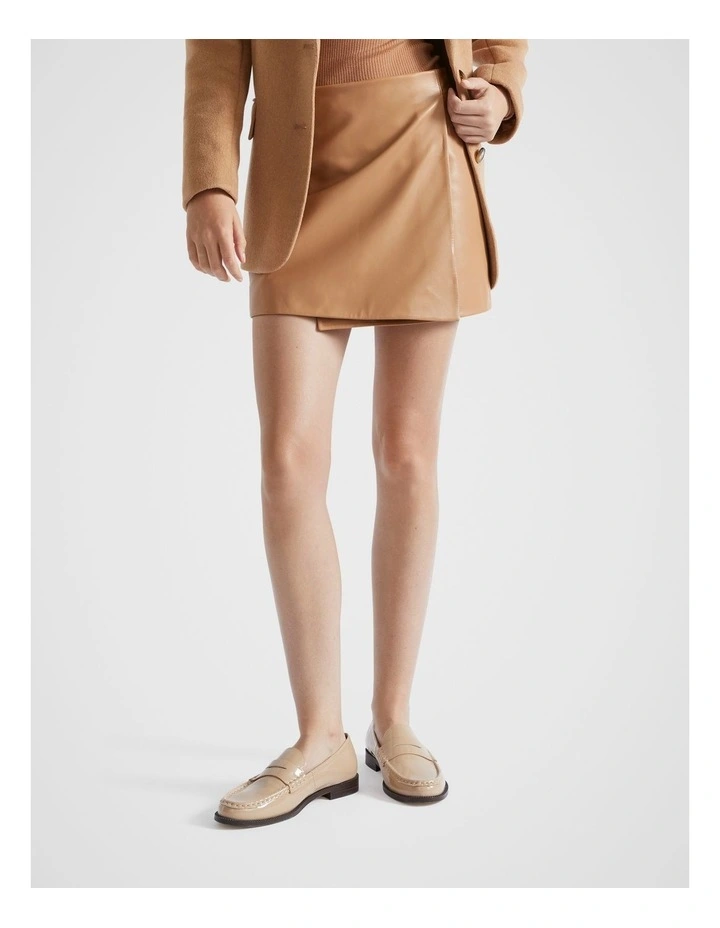 Leather Mini Wrap Skirt in Fudge