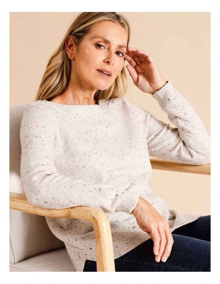 Button Neck Jumper With Curved Hem In Neutral Fleck