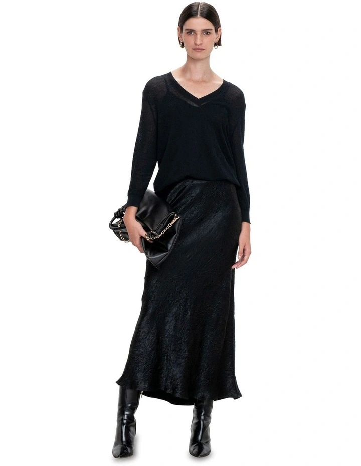 Crushed Satin Bias Skirt in Black