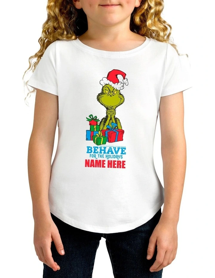Girl's Dr Seuss The Grinch Behave Personalised Cotton T-Shirt