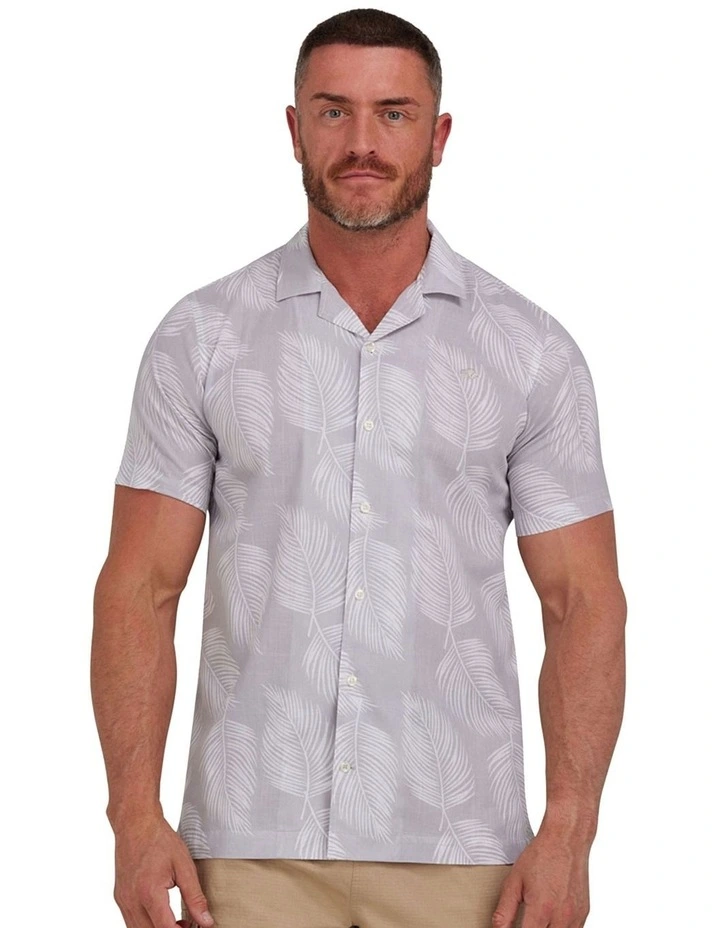 Palm Leaf Cotton Short Sleeve Shirt in Grey