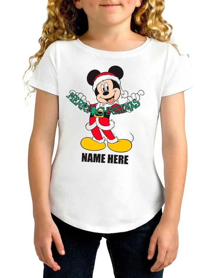 Girl's Mickey Mouse Xmas Personalised Cotton T-Shirt