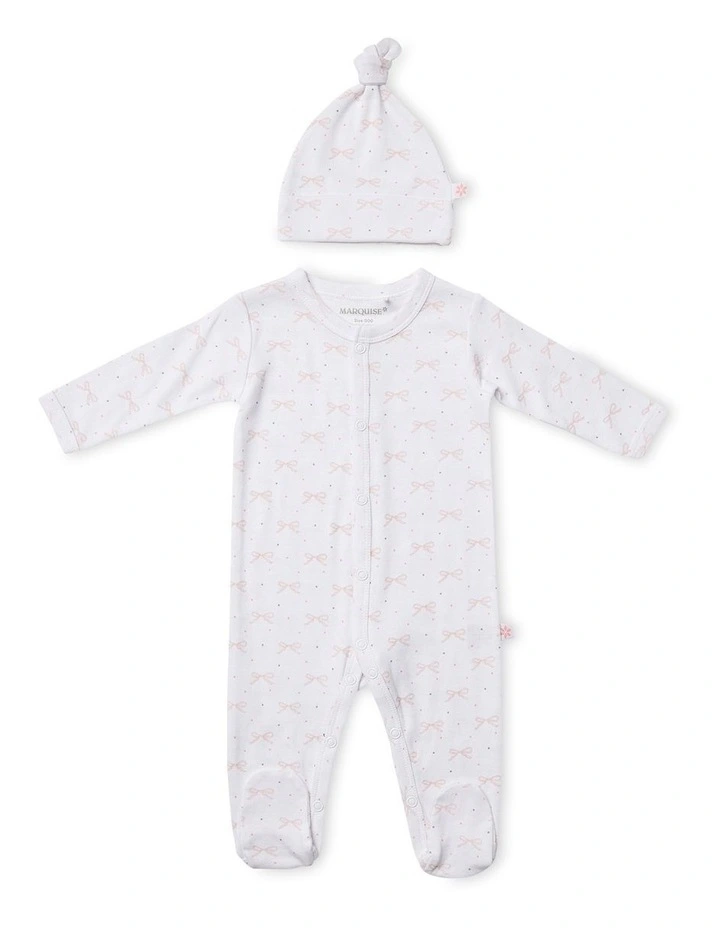 Bow Studsuit and Beanie 2 Piece Set in Pink Bow Yardage