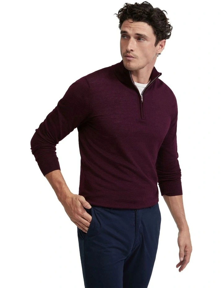 Zip Neck Merino Wool Knit in Burgundy