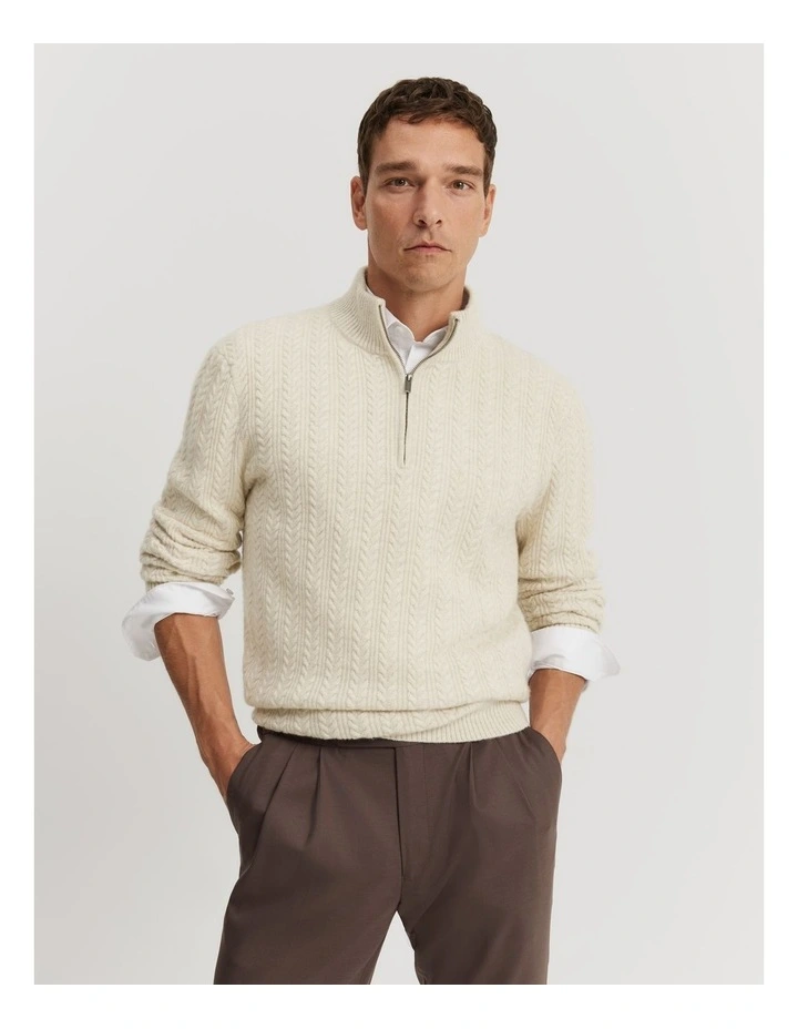 Gcs-certified Cashmere Wool Blend Cable Half Zip Knit in Cream Melange