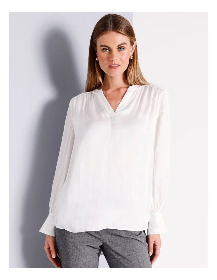 Recycled Polyester V Neck Satin Blouse in Ivory