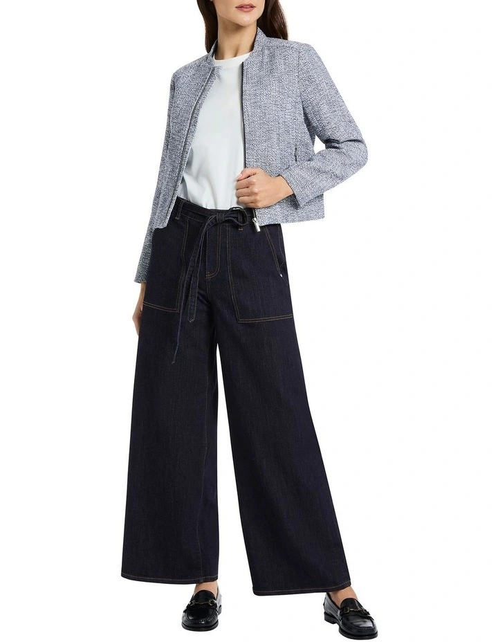 Cintia Tweed Bomber Jacket in Ivory/Blue