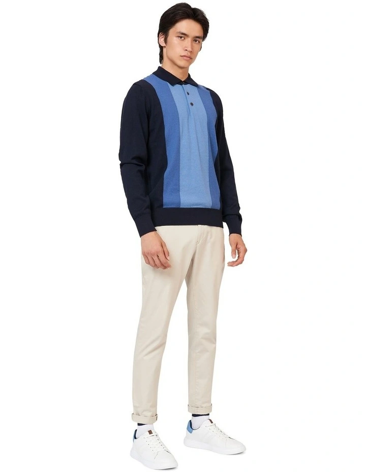 Block Stripe Merino Polo Shirt in Navy