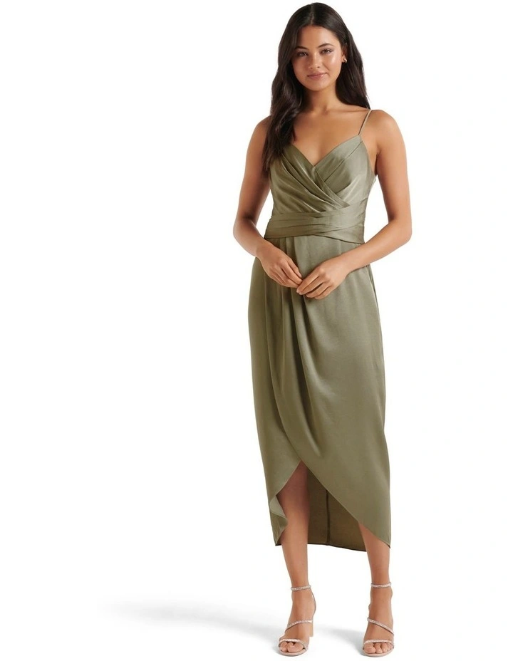 Amanda Drape Satin Midi in Green