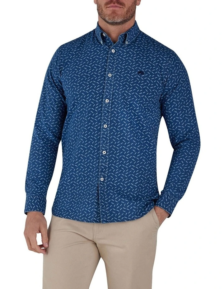 Chambray Feather Print Long Sleeve Shirt in Navy