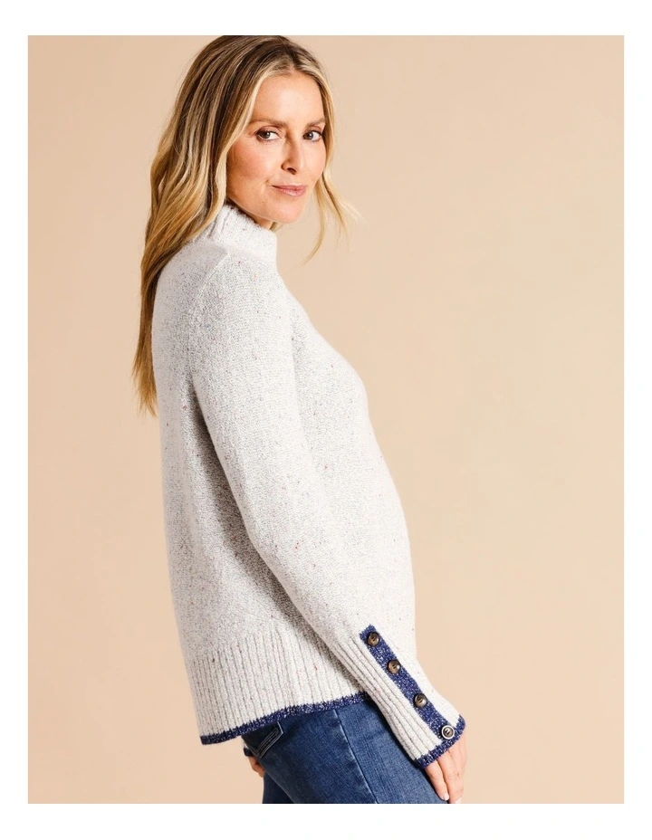 Stand Neck Jumper With Tipping in Light Grey Fleck/Blue