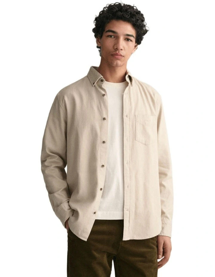 Regular Fit Herringbone Flannel Shirt in Cold Beige