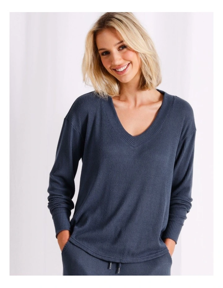 Ribbed V-Neck Long Sleeve Top in Grey