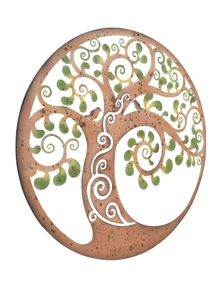 Swirl Tree of Life Laser-Cut Round 60cm Wall Art in Rust/Green