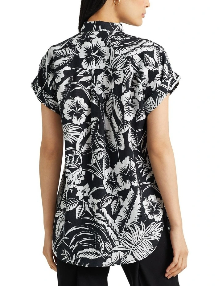Floral Linen Short-Sleeve Shirt in Black