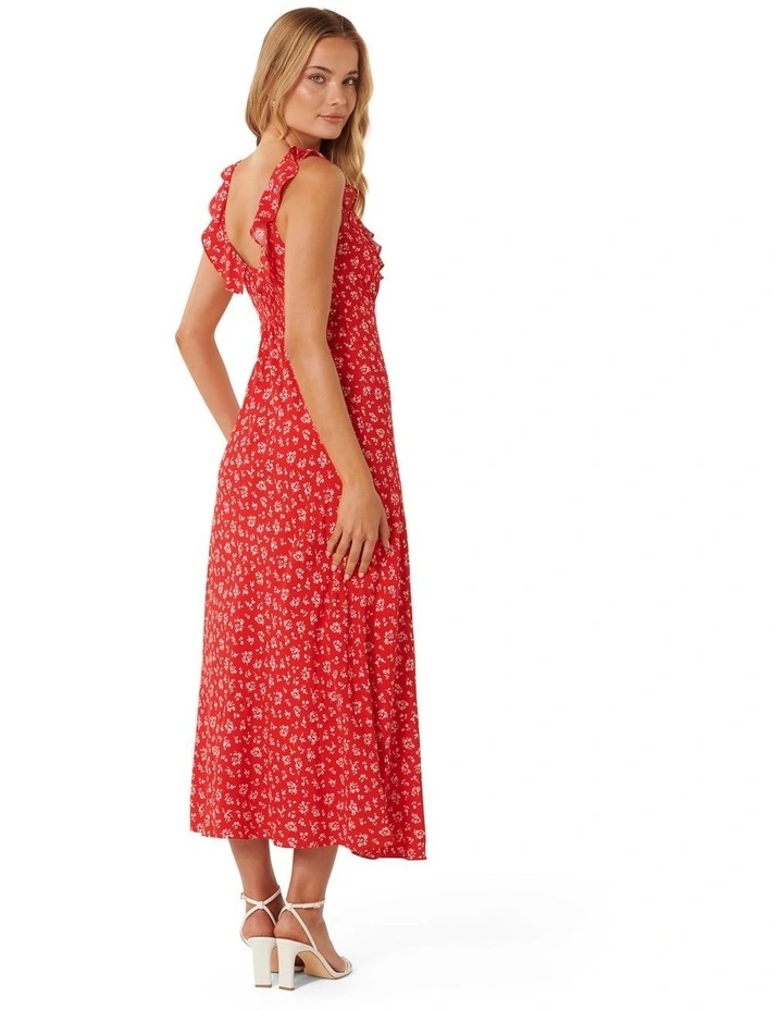 Alora Ruffle Neck Midi Dress in Red