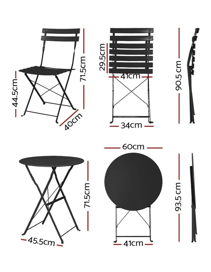Gradeon 3PC Outdoor Bistro Set Steel Table and Chairs Patio Furniture in Black