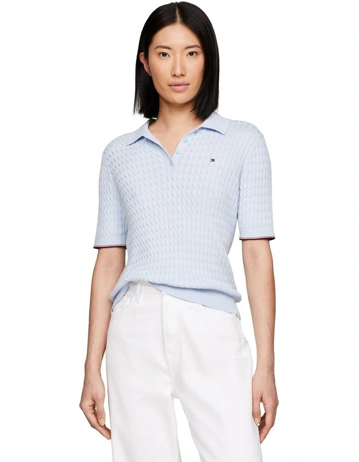Cable Knit Slim Short Sleeve Polo Jumper in Blue