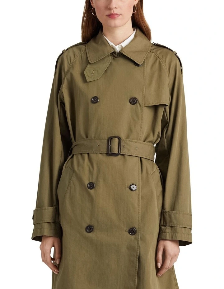 Double-Breasted Twill Trench Coat in Green