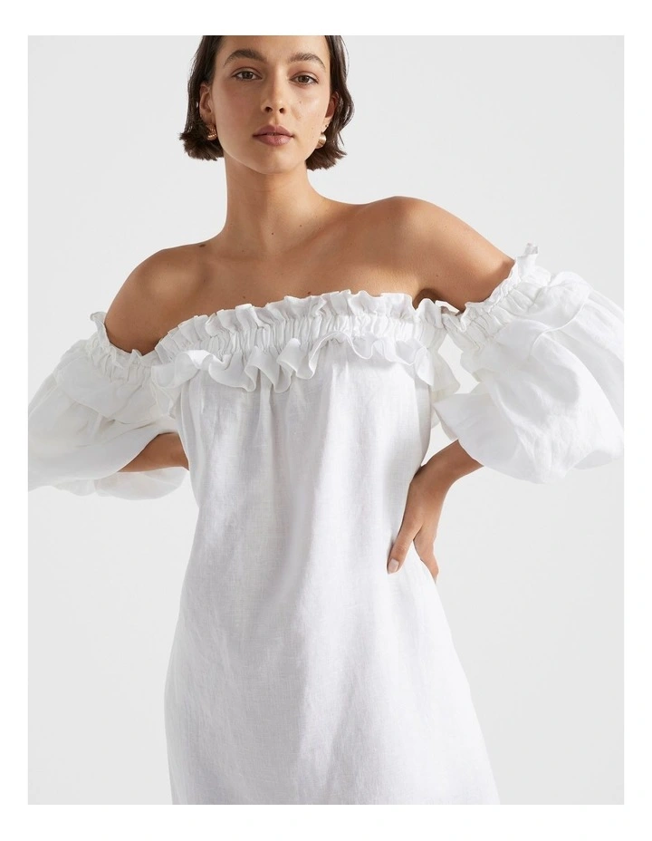 Linen Ruffle Off Shoulder Dress in White