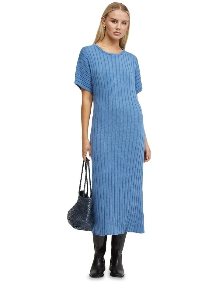 Maya Rib Short Sleeve Dress in Blue