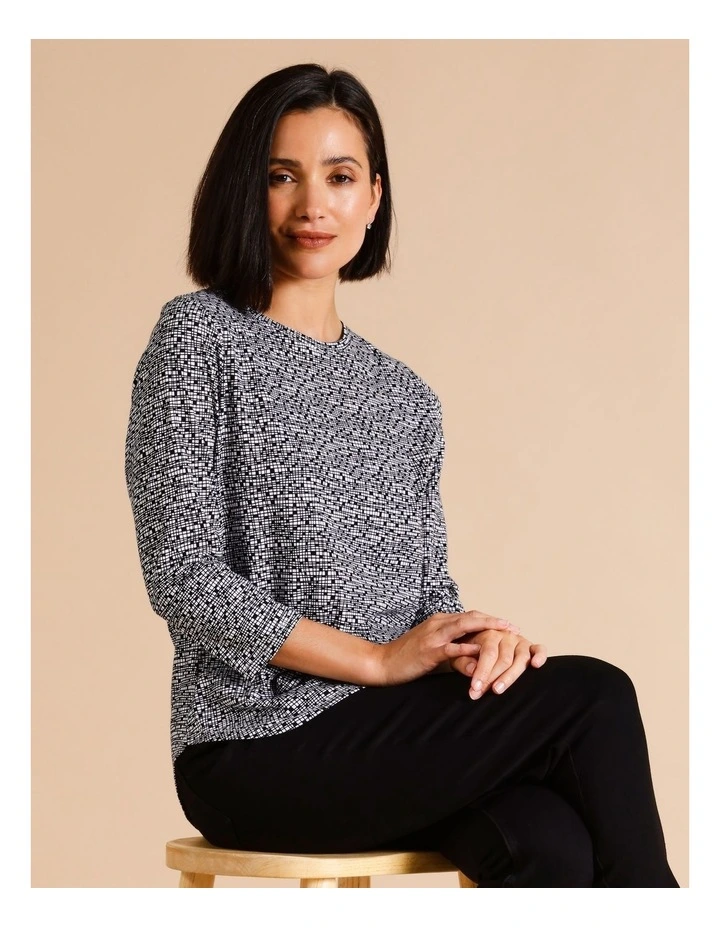 Organic Cotton Wardrobe Staple 3/4 Sleeve Tee In Black & White Grid Print
