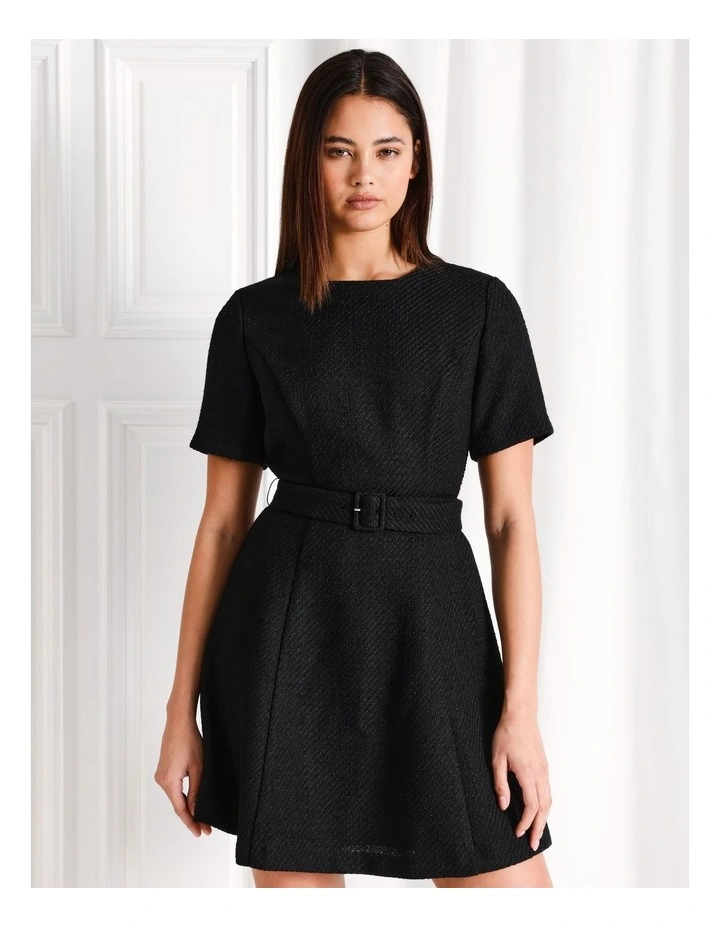 Boucle Belted Fit And Flare Mini Dress in Black