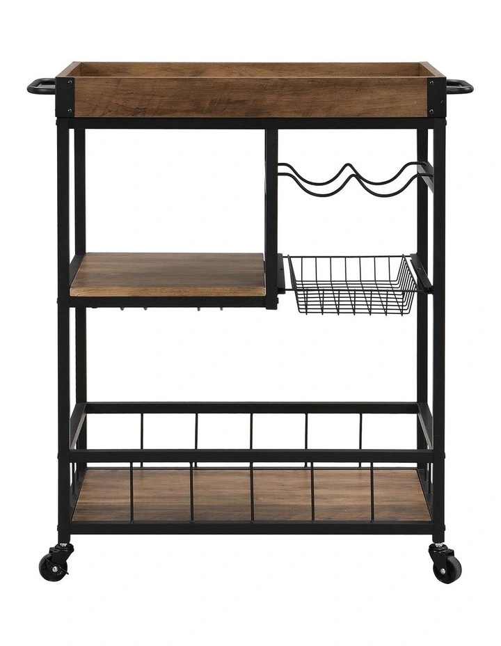 Industrial 3-Tier Bar Cart Trolley with Glass & Wine Holder in Rustic Brown