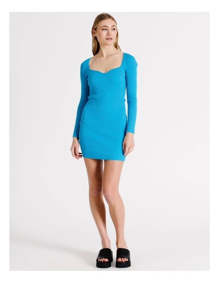 Eco Blend L/S Sweetheart Knit Mini Dress in Bright Blue
