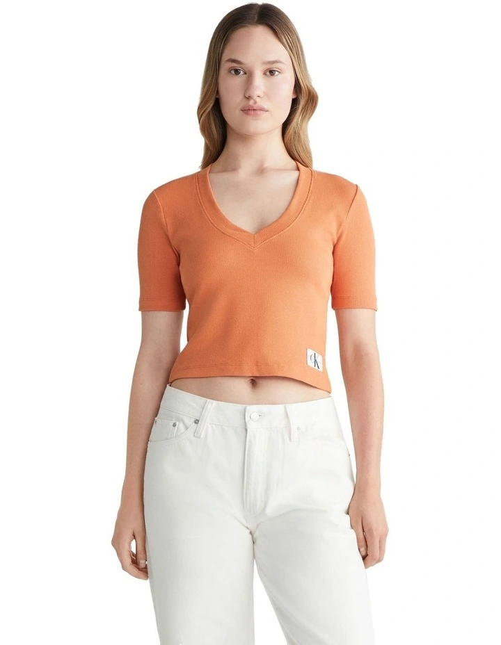 Woven Label Rib V-Neck Tee in Burnt Clay