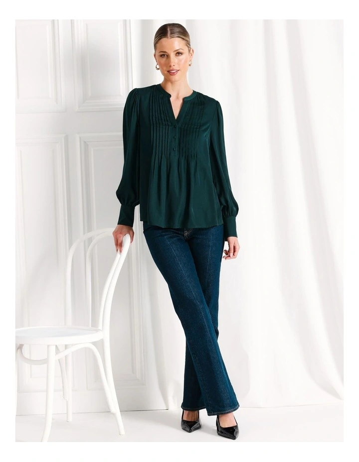 Recycled Blend Satin Pintuck Long Sleeve Blouse in Dark Green