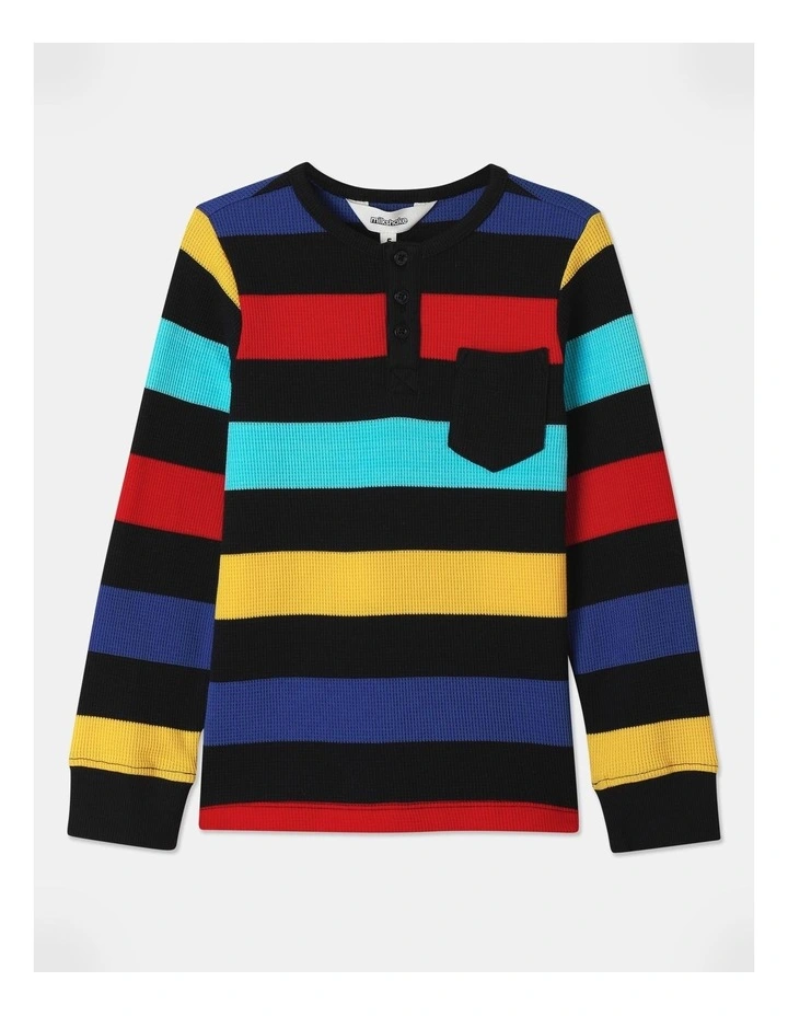 Long Sleeve Waffle Henley Stripe Tee (3-8 Years) in Navy