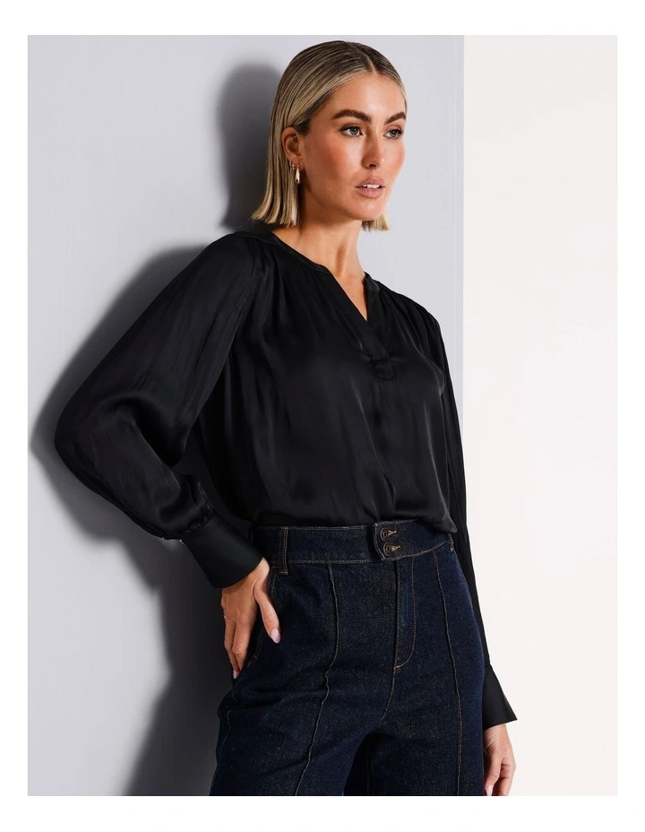 Recycled Polyester V-Neck Satin Blouse in Black