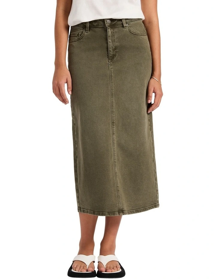 Billie Denim Midi Skirt in Tea Leaf