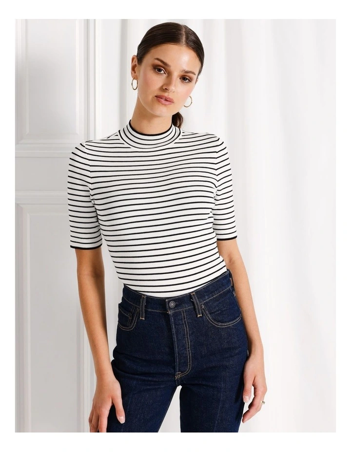 High Neck Short Sleeve Knit Top in White
