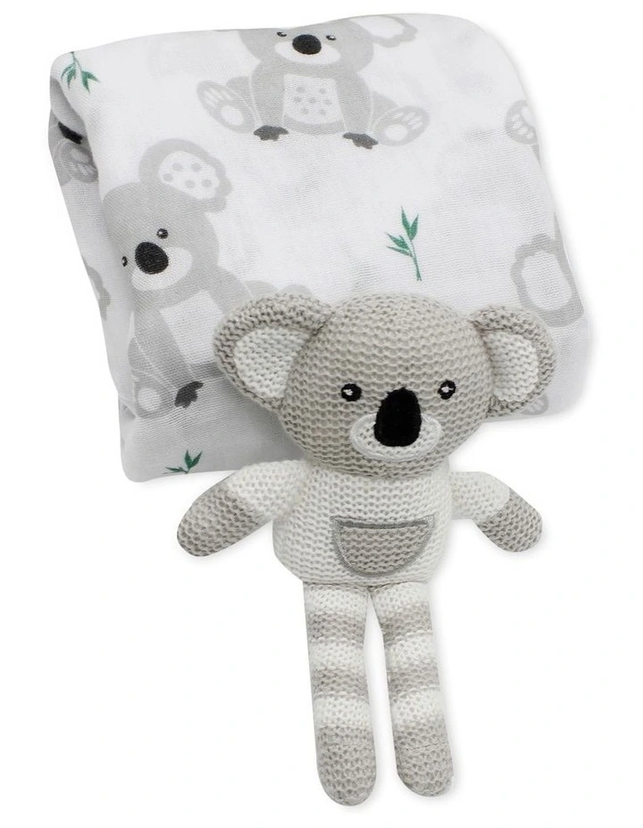 Muslin Swaddle Wrap and Koala Knit Rattle Gift Set in Grey