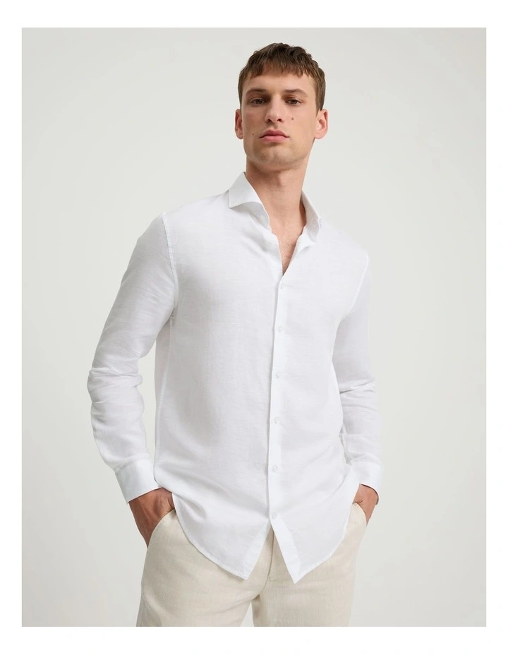 Tailored Fit Cotton Linen Blend Shirt in White