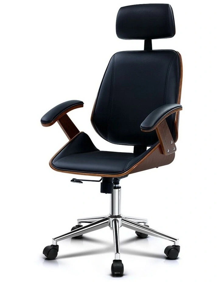 Wooden Office Chair Leather Seat in Black