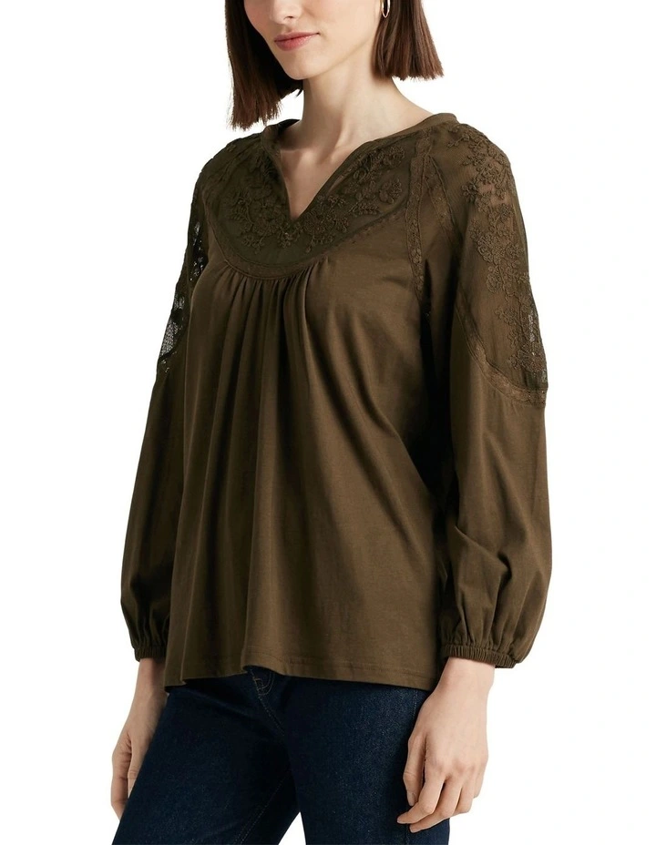Embroidered Jersey Blouson-Sleeve Top in Green